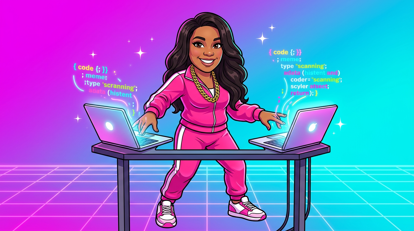 SaaS Master Flex DJ'ing code into two laptops in a pink 80s warm-up suit